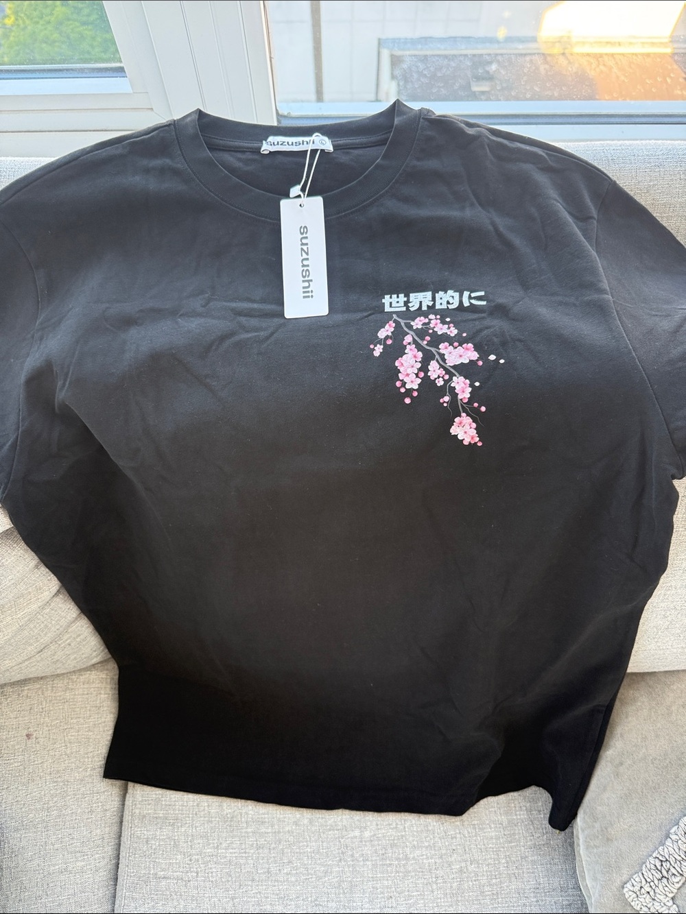 suzushii Black Tee with Pink Cherry Blossom Graphic